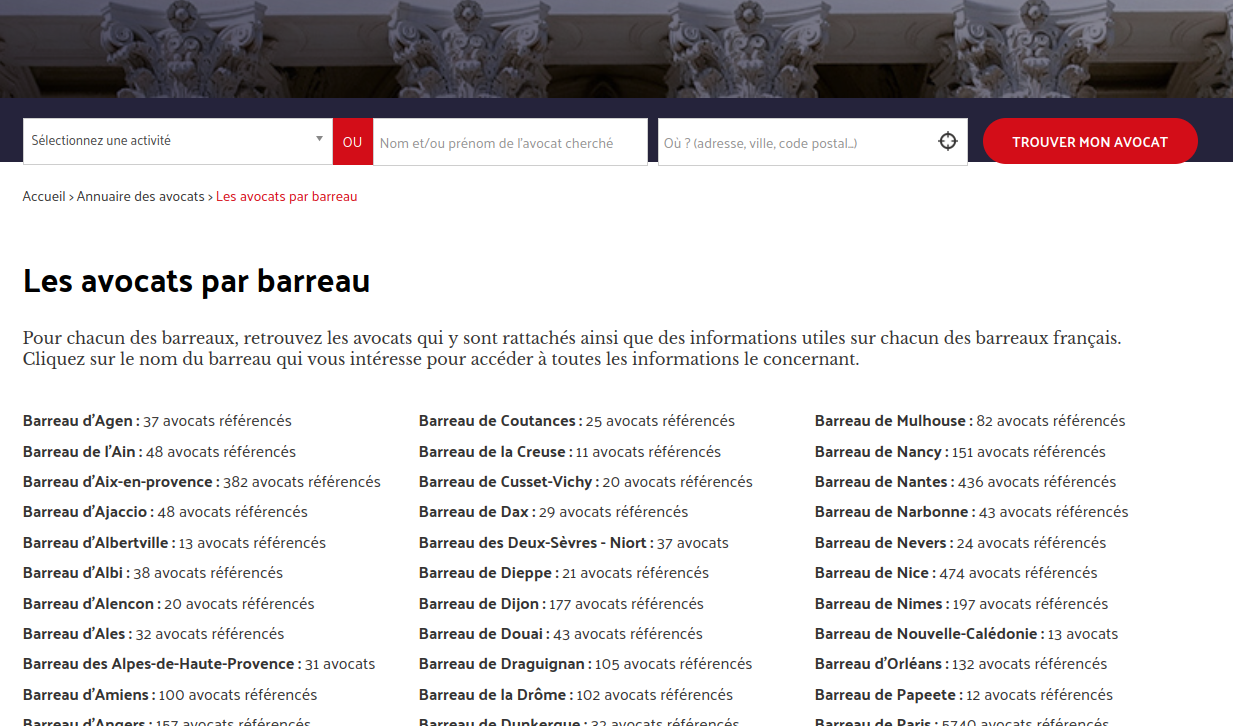 Capture d'écran du site du CNB montrant une liste des barreaux d'avocats